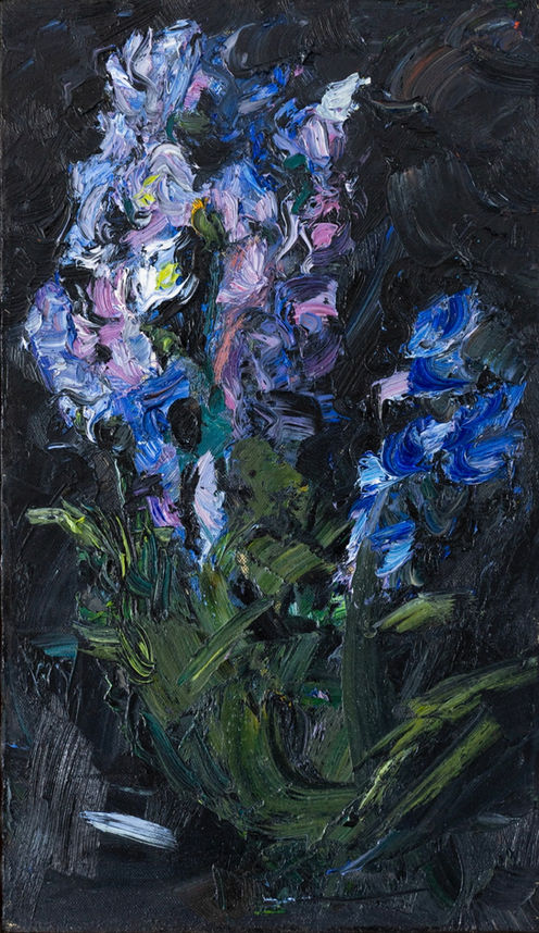 "Blue Flowers" by Doina Mindrean - oil on canvas, artist framed